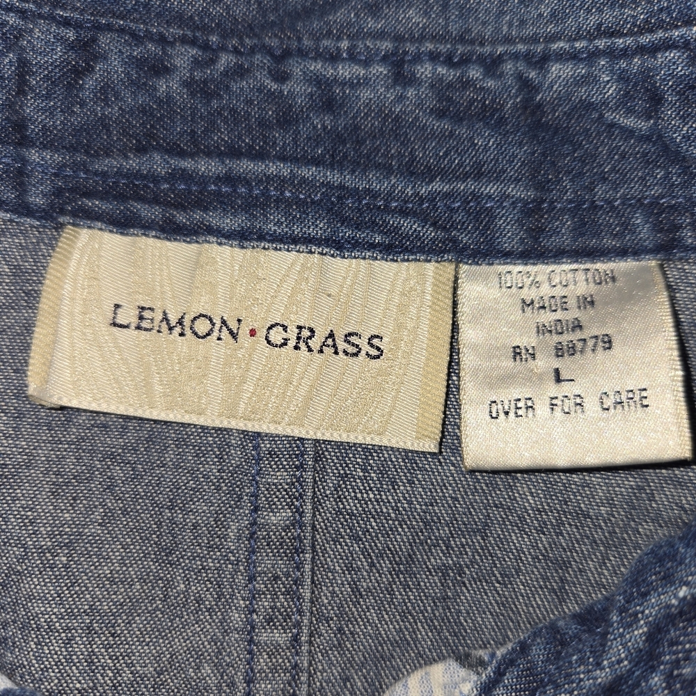 Vintage Lemon Grass Denim Patchwork Shirt Bandana-style Top Large Excellent Cond - Picture 2 of 6